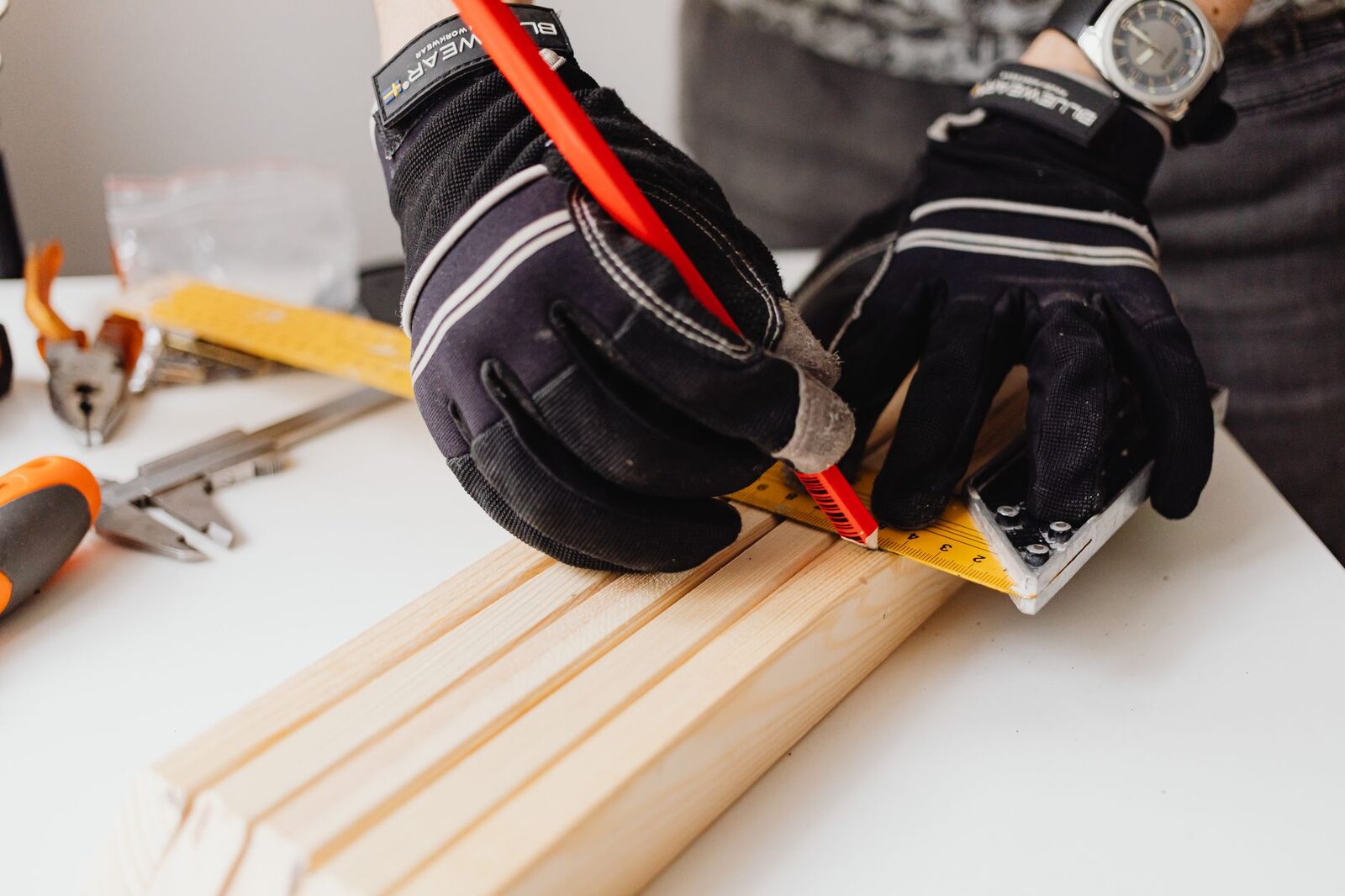 Marking trim stock with a square before cutting